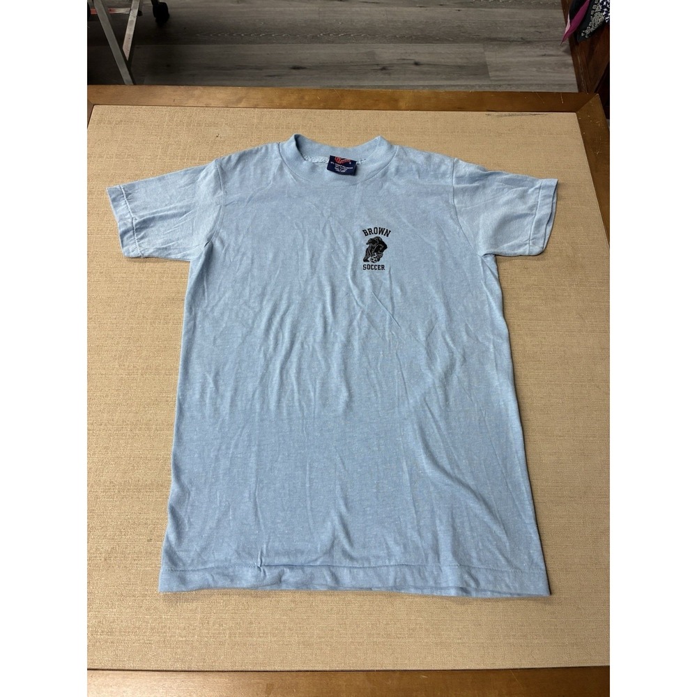 Vintage 70s 80s Brown University Soccer Blue Sneakers Tag T Shirt Size Youth L